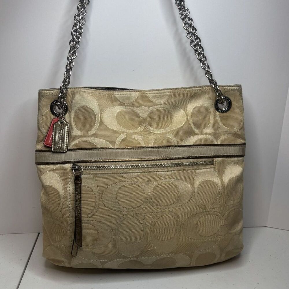 Coach Vintage Poppy Signature Logo Gold Monogram Tote Shoulder Bag Charm Women